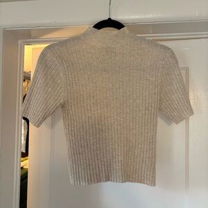 Ribbed Cream Short Sleeve Mock Neck Sweater